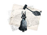 Editorial collage illustration showing a shackled woman in historical dress with a judge's gavel overhead, set against aged handwritten legal documents.
