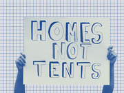 Blue-tinted editorial illustration of hands holding a protest sign reading Homes Not Tents against a grid-paper background.