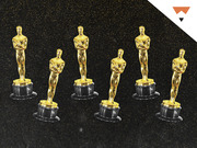 Six gold Oscar statuettes arranged on a dark glittery background, used as editorial illustration for an Oscars-related article on FiveThirtyEight.