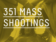 Editorial graphic with large white text reading 351 Mass Shootings over a yellow-tinted photo of people in a circle.