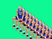 A repeated composite image of an Orlando Magic basketball player wearing number 00, multiplied in a diagonal line against a green background.
