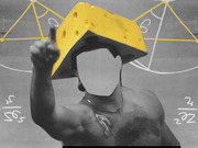 Editorial collage of a faceless basketball player wearing a cheese wedge hat on a grayscale court background with yellow triangle diagrams overlaid.