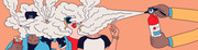 Editorial cartoon illustration showing two people smoking with large smoke clouds obscuring their faces, while a hand points a fire extinguisher at them.