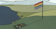 Editorial illustration of a large rainbow Pride flag on a pole casting a shadow over a rural landscape with small colorful houses near a lake.