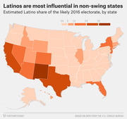 Choropleth map of the US showing estimated Latino share of the likely 2016 electorate by state, with southwestern states like New Mexico, Texas, and California showing the highest percentages.
