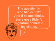 Editorial illustration of a cartoon face with glasses and a speech bubble reading a quote about Biden's signature domestic legislation.