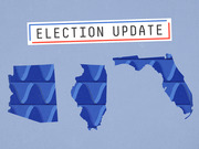 Election Update header graphic showing stylized outlines of Arizona, Illinois, and Florida filled with wave chart patterns in blue tones.