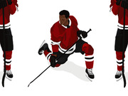 Editorial illustration of a Black ice hockey player in a red uniform skating with a stick, flanked by partial figures of other players on a white background.
