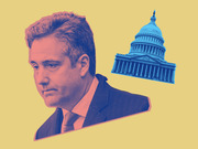 Editorial illustration showing a pink-toned portrait of a man in a suit alongside a blue-toned image of the US Capitol building on a yellow background.