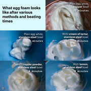 Photo collage showing egg foam beaten by five different methods and bowl types with labeled beating times ranging from 4 to 10 minutes.