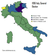 Choropleth map of Italy showing regional results of the 1996 Italy General Election, color-coded by winning party.