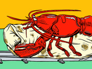 Editorial cartoon illustration of a red lobster lying on a gurney or hospital bed against a yellow background.