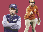 Editorial illustration of two college football coaches on a red background, one in Washington Huskies gear and one in Clemson Tigers gear.