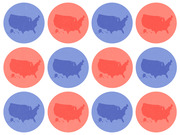 Grid of twelve circular icons alternating between blue and red backgrounds, each containing a silhouette of the United States in the contrasting color.