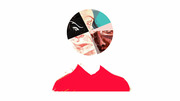 Editorial illustration showing a faceless red figure with a circular collage of diverse faces as its head, suggesting themes of identity or multiple personas.