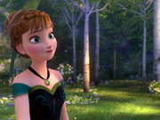 Animated still of Anna from Disney's Frozen, a young woman with auburn hair and blue eyes in a black and teal dress standing in a forest.