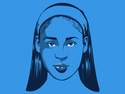 Blue-toned vector illustration of a young woman's face with long hair and a headband on a bright blue background.