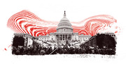 Stylized black-and-white editorial illustration of the US Capitol building surrounded by crowds with red swirling abstract shapes in the sky above.