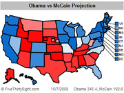 US electoral map showing Obama vs McCain projection as of October 7, 2008, with states colored blue for Obama and red for McCain, showing Obama 345.4 to McCain 192.6.