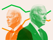 Editorial illustration showing two colorized images of Joe Biden in orange and green tones with stylized line graph overlays suggesting approval or polling trends.