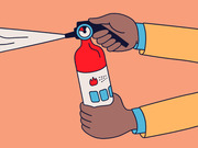 Editorial illustration of two hands holding and operating a red fire extinguisher spraying foam, on a salmon-colored background.