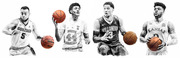 Stylized black-and-white editorial illustration of four college basketball players from Gonzaga, North Carolina, Villanova, and Kansas holding basketballs.
