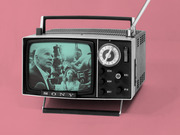 Editorial illustration of a vintage Sony portable television displaying a teal-tinted image of an elderly man surrounded by reporters with microphones, on a pink background.
