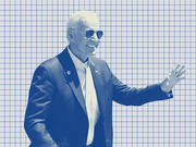Blue-tinted editorial illustration of a smiling older man in sunglasses and a suit waving, set against a grid-paper background.