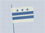 Illustration of the Washington D.C. flag showing three blue stars and two blue horizontal stripes on a white background, on a pole against a grid backdrop.