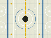 Stylized overhead illustration of a hockey rink showing the center ice circle, blue lines, yellow center line, face-off dots, and goal creases.