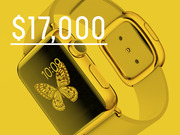 Yellow-tinted Apple Watch Edition with large $17,000 price text overlay, highlighting the luxury smartwatch's cost.