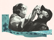 Editorial collage illustration showing a masked healthcare worker administering a nasal swab COVID test, overlaid with aerial views of cars lined up at a drive-through testing site.