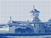 Blue-tinted editorial illustration of Mar-a-Lago estate with a grid overlay background, showing the Spanish-style mansion and palm trees.