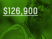 Green-tinted editorial infographic showing a large dollar figure of $126,900 overlaid on a photo of a basketball player.