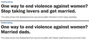 Two versions of a Washington Post headline about ending violence against women, showing how the subheadline was changed between publications.