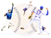 Editorial illustration showing MLB players including Cubs number 17 Bryant, a Rays player, and a Texas Rangers pitcher arranged around a large baseball graphic.