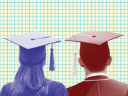 Editorial illustration showing two graduates in caps and gowns from behind, one tinted blue and one red, against a yellow grid background.