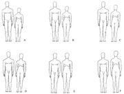 Six labeled panels (A-F) each showing outline drawings of two human figures side by side, depicting varying body proportions and sizes.