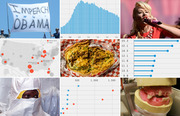 A collage of nine images from FiveThirtyEight including photos, charts, a map, and an infographic panel mixed together in a 3x3 grid.