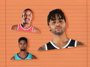 Editorial illustration showing three NBA players cut out against an orange lined-paper background, featuring one player in a Nets jersey prominently in the foreground.