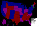 US map showing split-state Senate delegations in purple, with Democratic states in blue, Republican states in red, and independent in green.