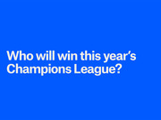 Bold white text on a blue background asking 'Who will win this year's Champions League?' as an editorial headline graphic.