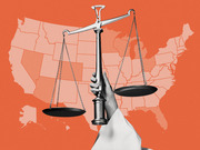 Editorial illustration of a hand holding scales of justice in front of an orange-tinted US map, symbolizing law or justice themes.