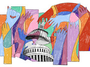 Colorful editorial illustration of many diverse raised hands surrounding the U.S. Capitol building dome, suggesting civic participation or political engagement.