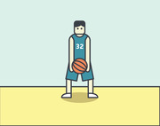 Flat-style illustration of a basketball player wearing jersey number 32 holding a basketball on a court.