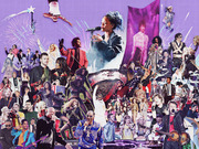 Editorial collage illustration featuring dozens of Super Bowl halftime show performers including Rihanna, Beyonce, Prince, Michael Jackson, and Snoop Dogg on a purple background.