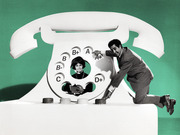 Vintage black-and-white photo edited with a green background showing two people posed with an oversized rotary telephone prop whose dial holes are labeled with letter grades A+, A, B+, B, B-, C, D+.