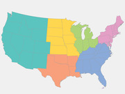 Color-coded map of the United States dividing states into six regional groupings shown in teal, yellow, orange, green, blue, and pink.