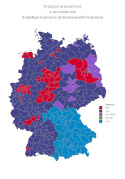 Choropleth map of Germany showing first-vote majority by constituency (Erststimmenmehrheit) with final results, colored by party: SPD red, CDU dark blue, DIE LINKE purple, GRÜNE green, CSU light blue.
