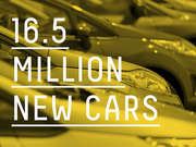 Bold text infographic over a yellow-tinted photo of cars stating 16.5 million new cars.